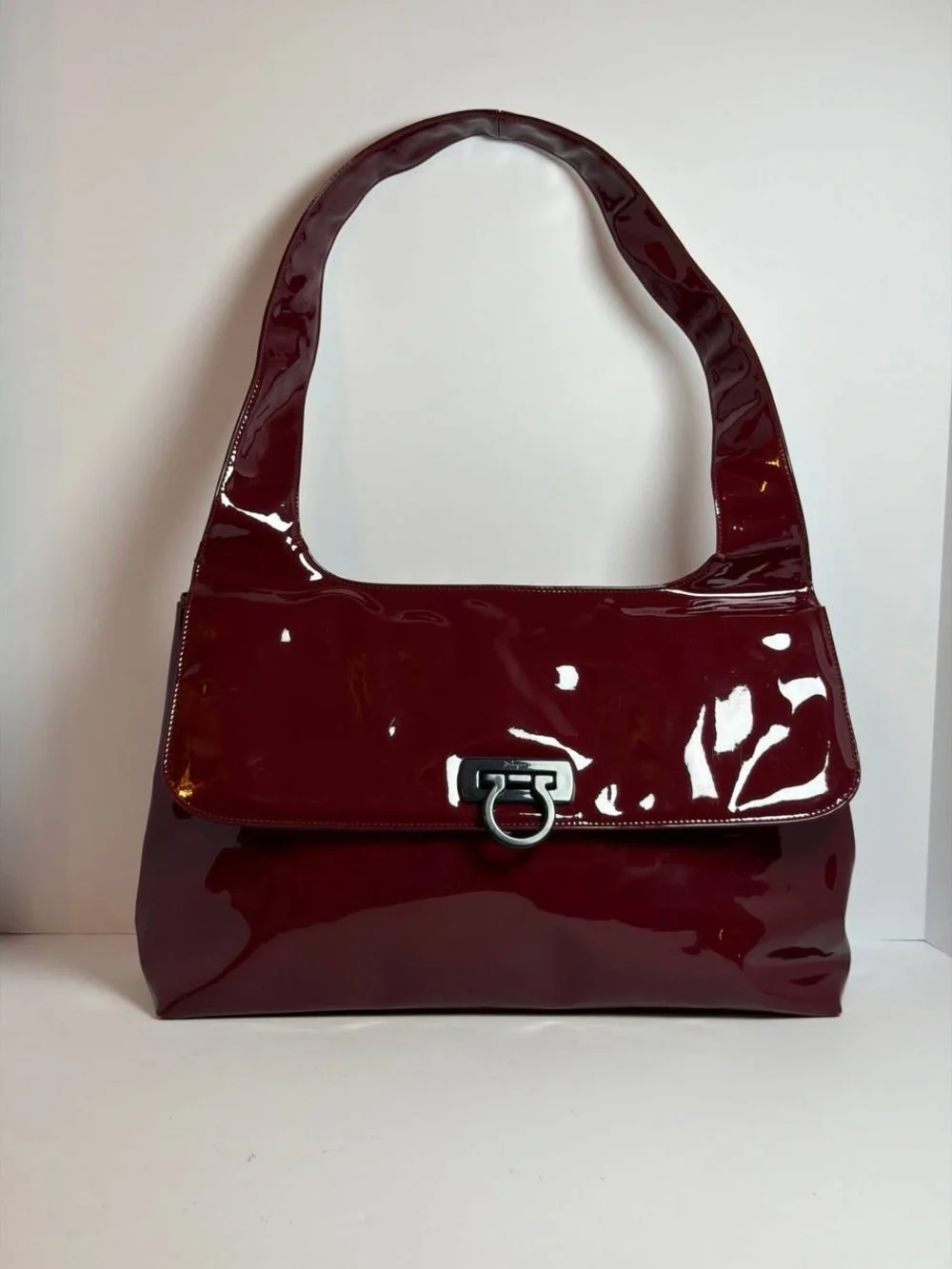 Salvatore Ferragamo Gancini Burgundy Glossy Patent Leather Shoulder Bag